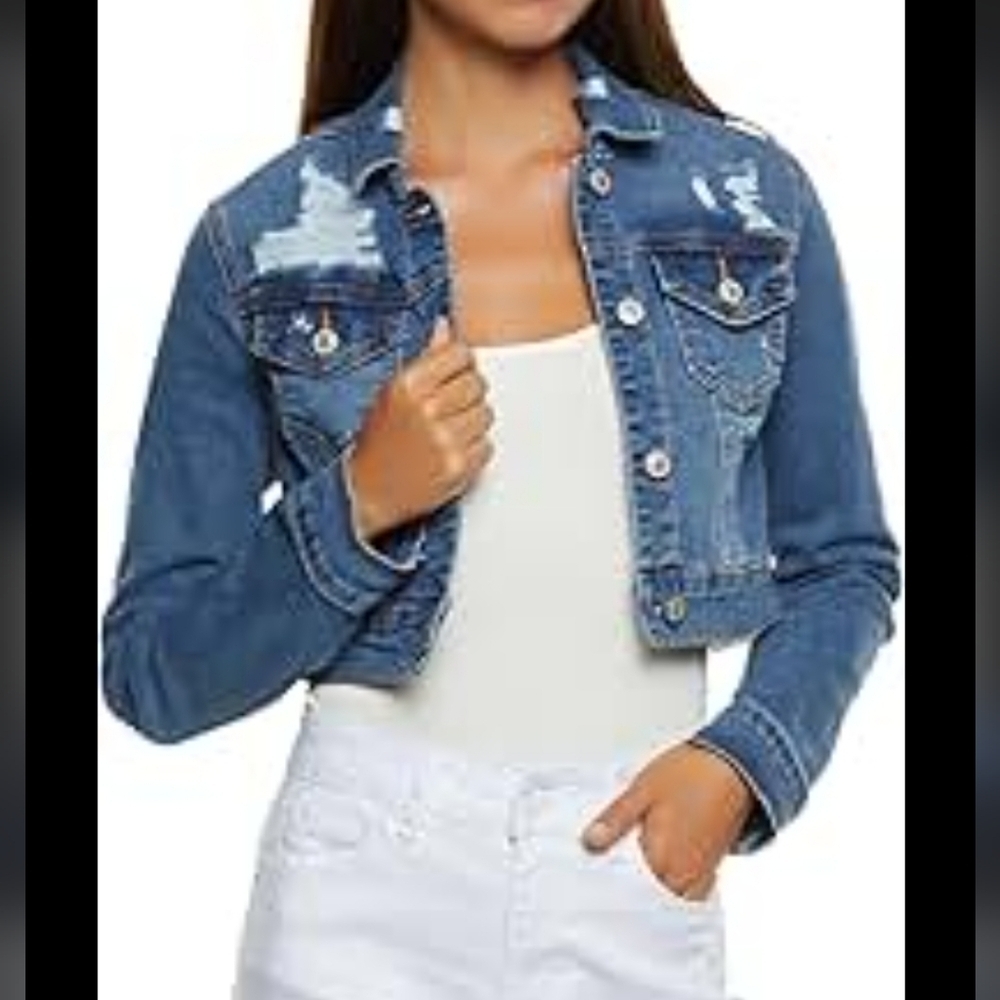 WAX JEAN Blue cropped distressed denim button down Jean jacket size S NWOT